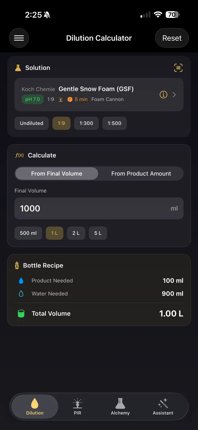 Detailing Alchemist dilution calculator interface showing product selection and ratio calculation