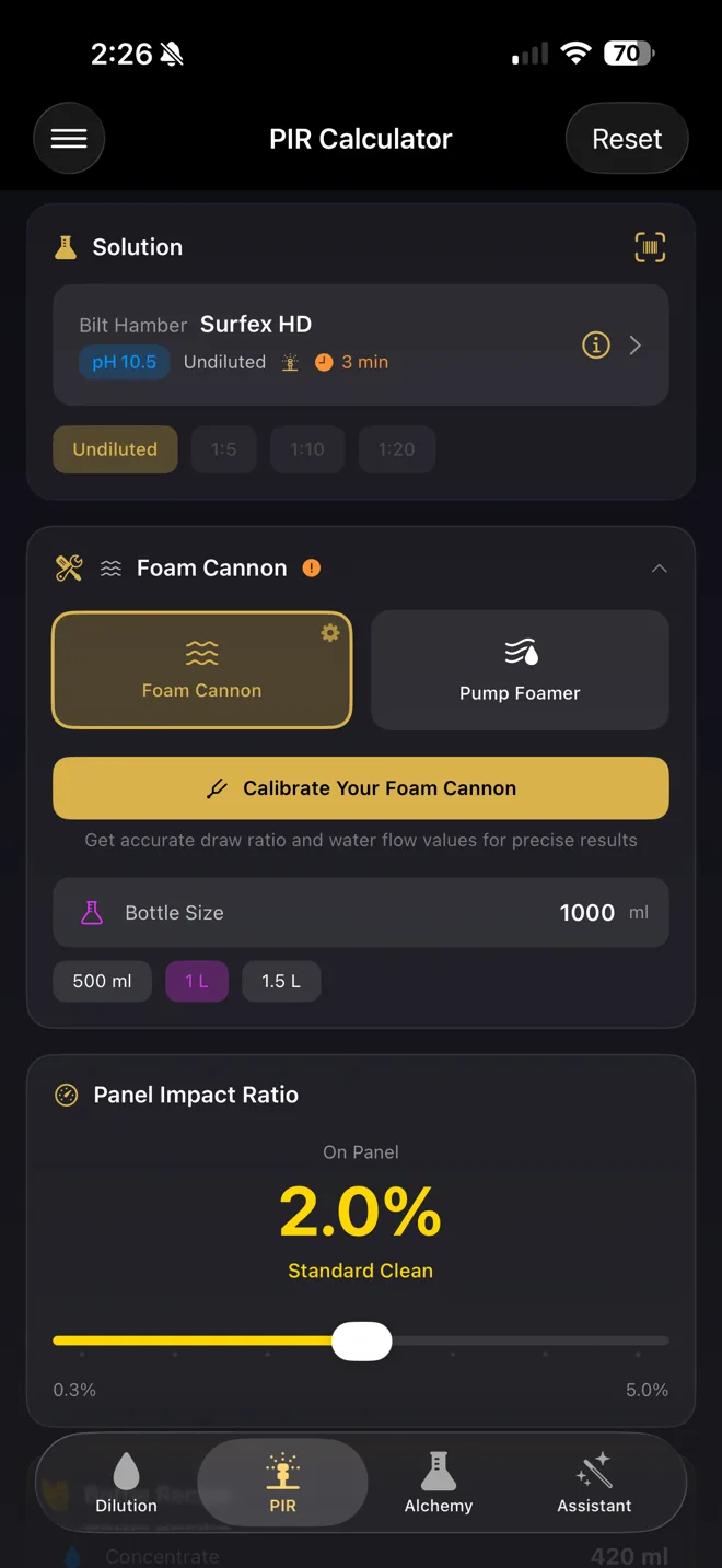 Detailing Alchemist PIR calculator showing foam cannon concentration with color-coded strength indicator