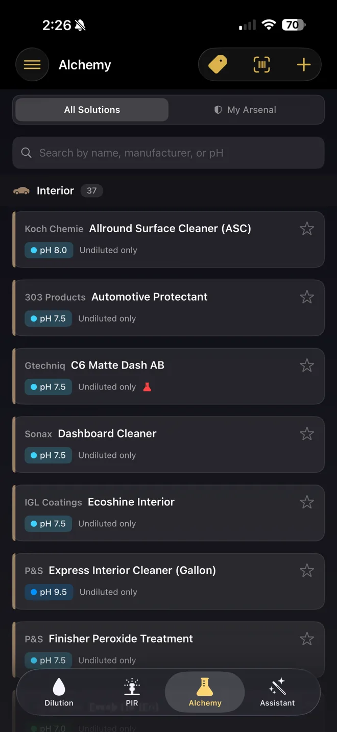 Detailing Alchemist product database showing sortable list of detailing products with pH values