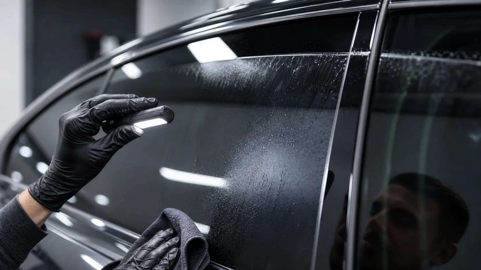 Technician inspecting freshly installed window tint with a light during curing